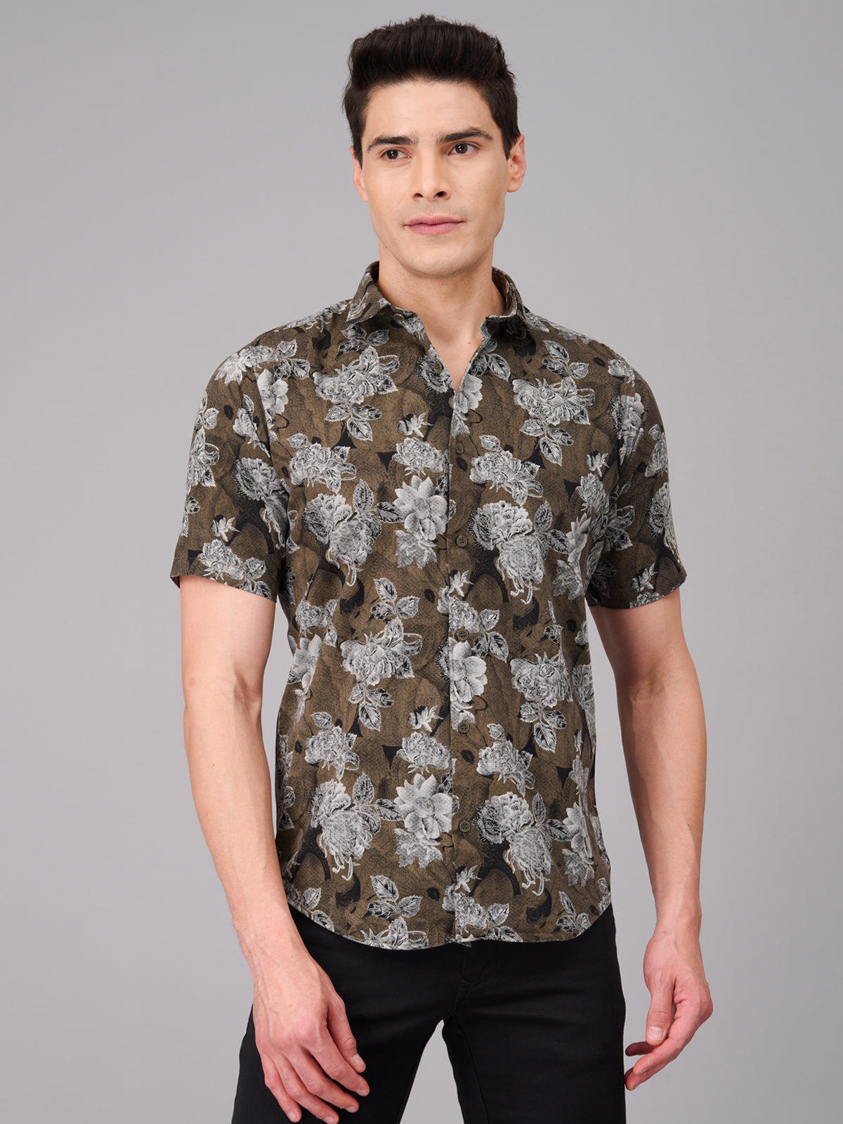 Buy Men Coffee Brown Floral Print Casual Shirt (GBMKPR710H) – G O O S E ...